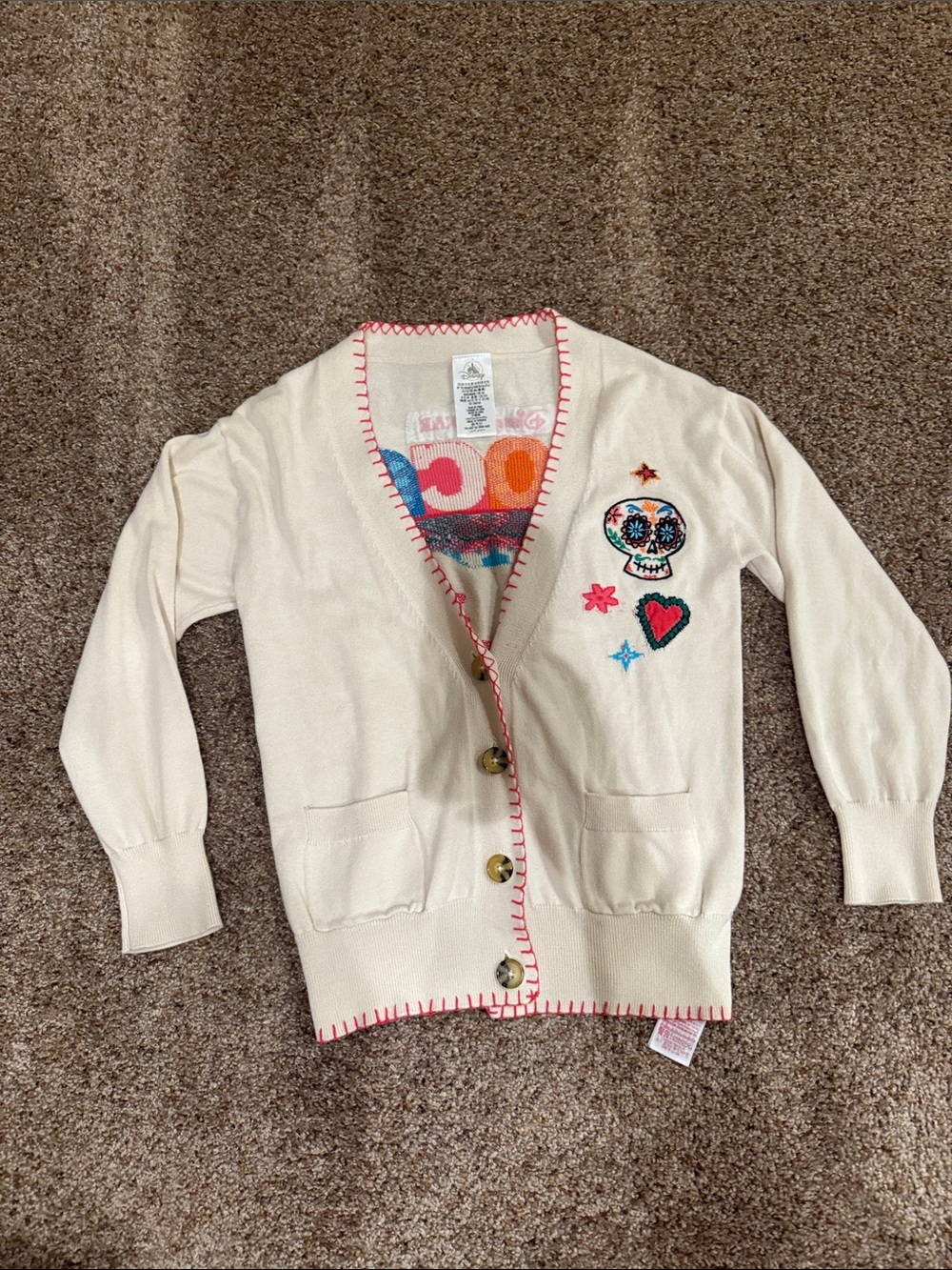Disney Cream Cardigan with Pink Trim and Multicolor Embroidery